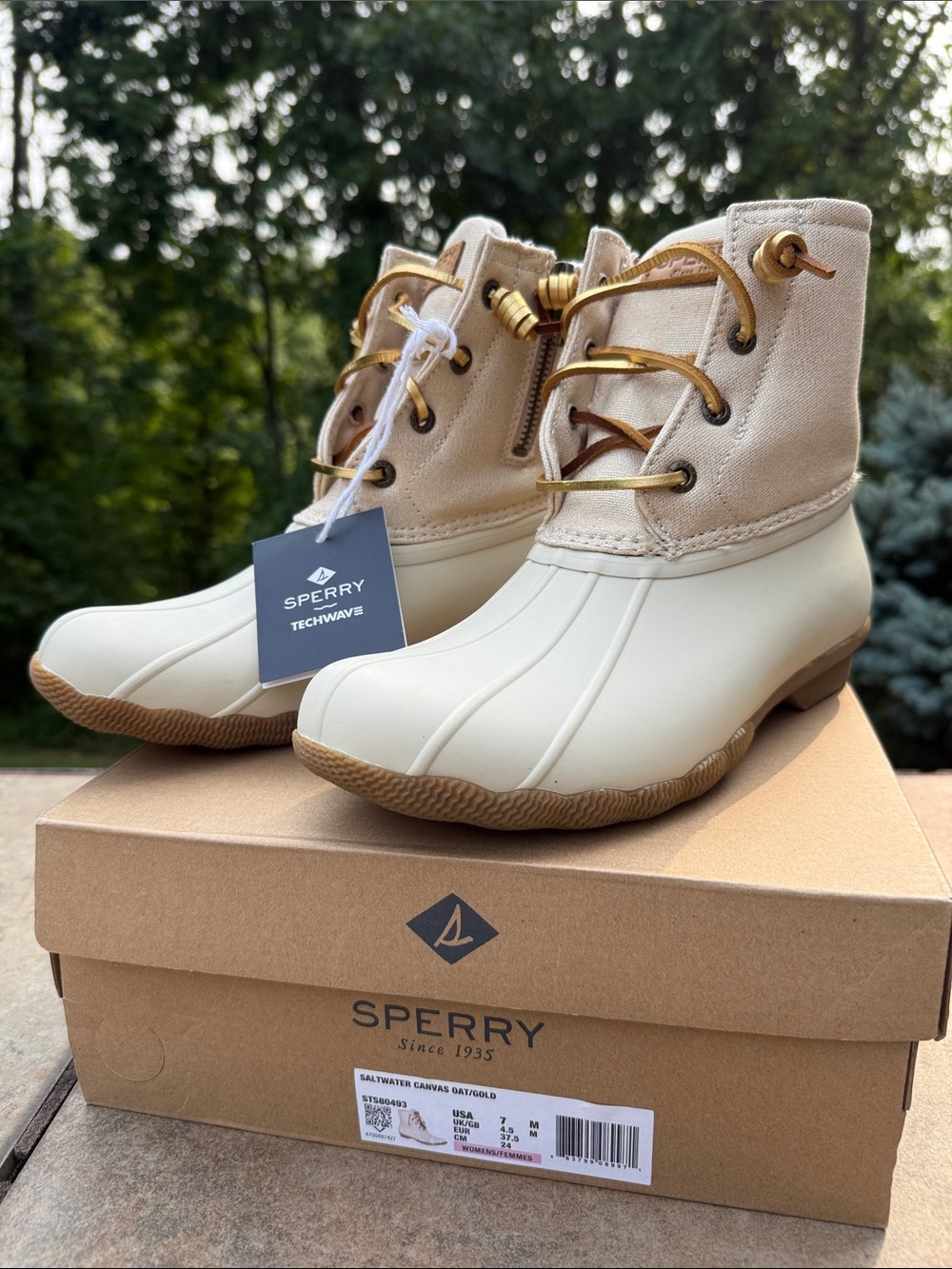 Sperry Women's Saltwater Canvas Short Duck Rain Boots Oat/Gold Cream/Tan Sz 7